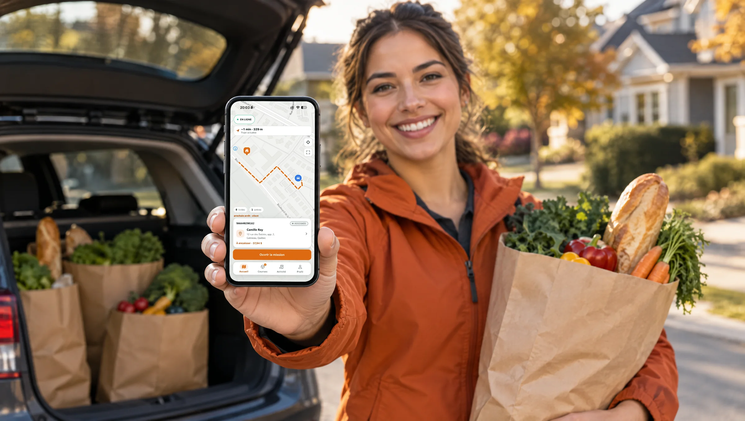Une livreuse d'épicerie tient son téléphone affichant l'application livreur MarketNow : itinéraire vers le client, course assignée et montant à encaisser