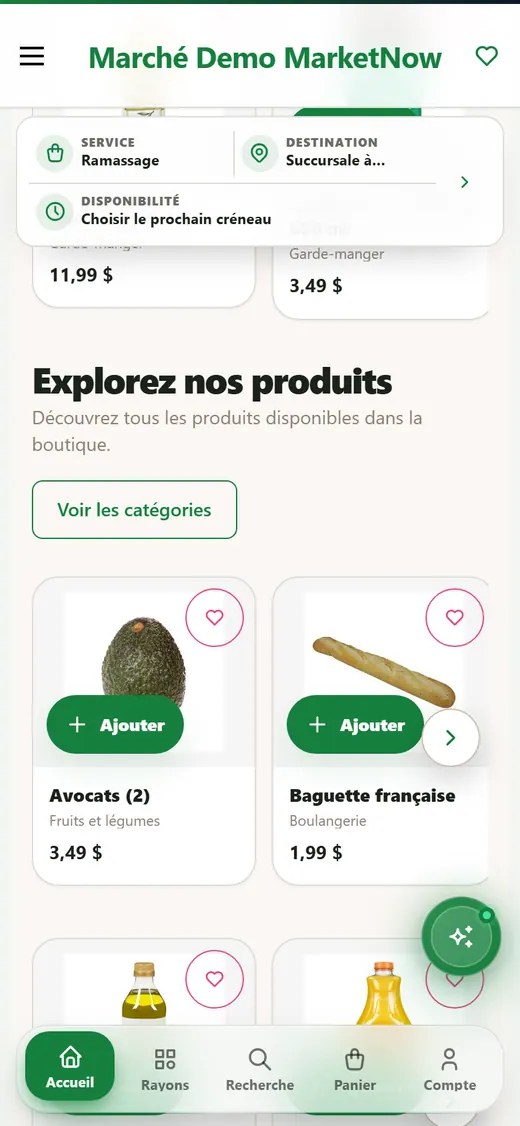 Boutique en ligne MarketNow sur iPhone : produits d'épicerie avec photos, prix et bouton Ajouter, choix livraison et créneau